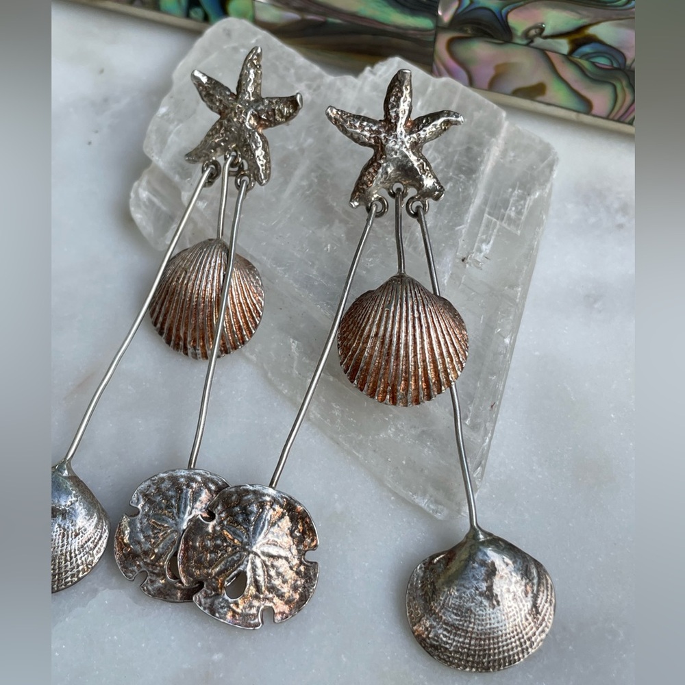 Handmade Sterling Silver Sea Shell Earrings/Dangly Cast Silver Sea Shells